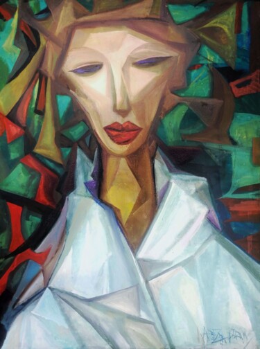 Painting titled "Portrait in a white…" by Nadezda Baruns, Original Artwork, Oil Mounted on Wood Stretcher frame