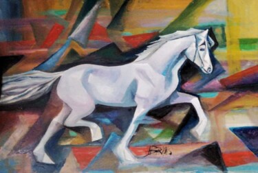 Painting titled "White horse in cubi…" by Nadezda Baruns, Original Artwork, Oil