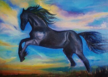 Painting titled "A horse meets the s…" by Nadezda Baruns, Original Artwork, Oil