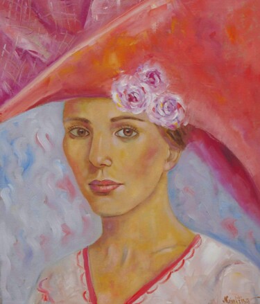 Painting titled "Woman in a hat" by Nadezda Krivohizina, Original Artwork, Oil Mounted on Wood Stretcher frame
