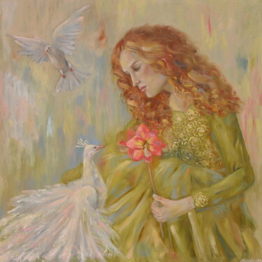 Painting titled "Woman with a birds" by Nadezda Krivohizina, Original Artwork, Oil Mounted on Wood Stretcher frame
