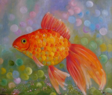 Painting titled "Gold fish" by Nadezda Krivohizina, Original Artwork, Oil Mounted on Wood Stretcher frame