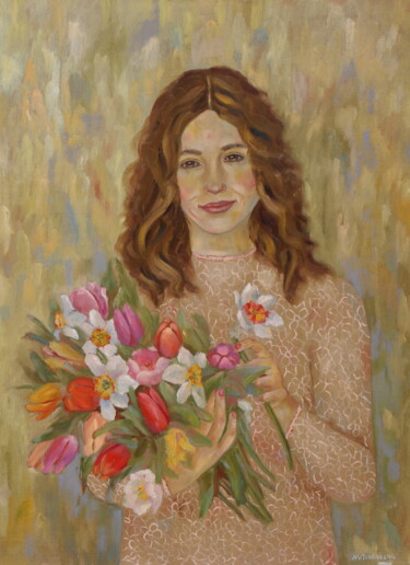 Painting titled "Woman with spring f…" by Nadezda Krivohizina, Original Artwork, Oil Mounted on Wood Stretcher frame