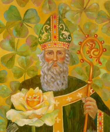 Painting titled "Rose "St. Patrick"…" by Nadezda Krivohizina, Original Artwork, Oil Mounted on Wood Stretcher frame