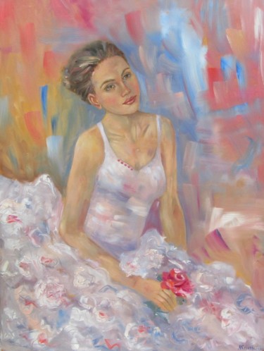 Malerei mit dem Titel "Woman with a rose" von Nadezda Krivohizina, Original-Kunstwerk, Öl