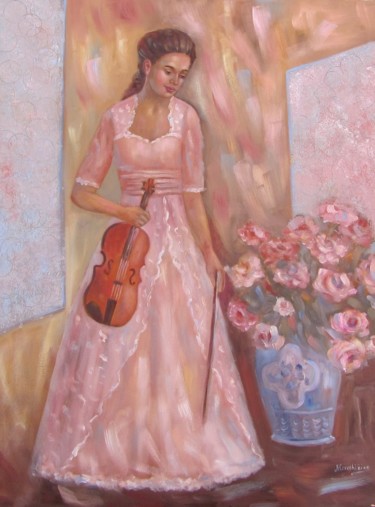 Painting titled "Woman with violin" by Nadezda Krivohizina, Original Artwork, Oil Mounted on Wood Stretcher frame