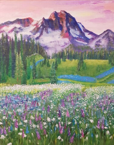 Картина под названием "Рассвет в горах" - Nadezhda Brinke, Подлинное произведение искусства, Масло