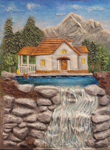 Pittura intitolato ""Lake house"" da Nadezhda Brinke, Opera d'arte originale, Acrilico