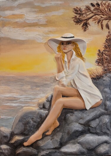 Peinture intitulée ""Sunset at sea"" par Nadezhda Brinke, Œuvre d'art originale, Acrylique
