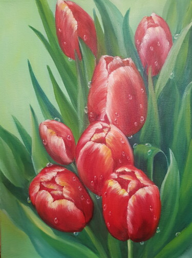 Pittura intitolato ""Red Tulips"" da Nadezhda Brinke, Opera d'arte originale, Olio