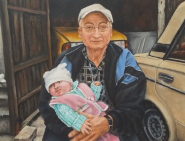 Pintura titulada "Grandfather with gr…" por Nadezhda Gellmundova, Obra de arte original, Oleo Montado en Otro panel rígido
