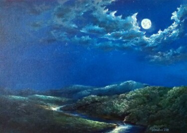 Painting titled "Full moon, oil pain…" by Nadezhda Gellmundova, Original Artwork, Oil Mounted on Other rigid panel