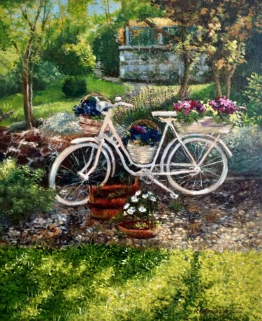 Painting titled "Bike in the garden,…" by Nadezhda Gellmundova, Original Artwork, Oil Mounted on Other rigid panel