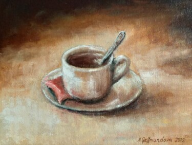 Painting titled "Cup of coffee, oil…" by Nadezhda Gellmundova, Original Artwork, Oil Mounted on Other rigid panel