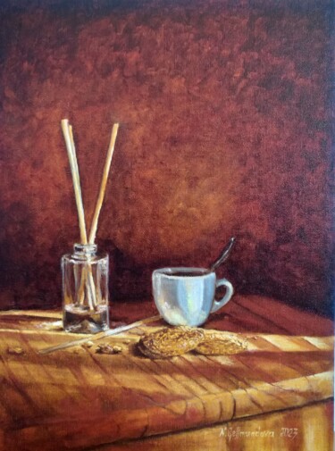 Painting titled "Coffee with biscuit…" by Nadezhda Gellmundova, Original Artwork, Oil Mounted on Other rigid panel