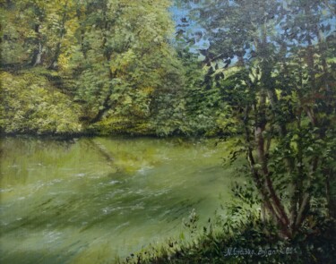 Painting titled "Forest pond, oil pa…" by Nadezhda Gellmundova, Original Artwork, Oil Mounted on Other rigid panel