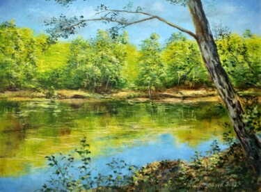 Painting titled "Pond in Bílina, oil…" by Nadezhda Gellmundova, Original Artwork, Oil Mounted on Other rigid panel