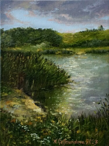 Painting titled "Pond after rain, oi…" by Nadezhda Gellmundova, Original Artwork, Oil Mounted on Other rigid panel