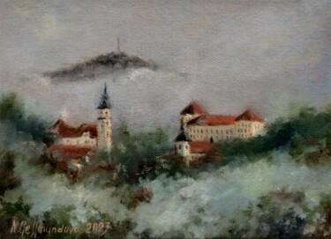 Pintura titulada "Bílina in the fog,…" por Nadezhda Gellmundova, Obra de arte original, Oleo Montado en Otro panel rígido