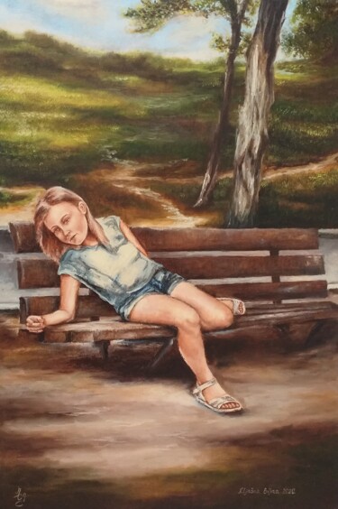 Картина под названием "Tired model, oil pa…" - Nadezhda Gellmundova, Подлинное произведение искусства, Масло Установлен на Д…