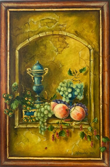 Painting titled "Peaches with grapes…" by Nadezhda Gellmundova, Original Artwork, Oil Mounted on Other rigid panel