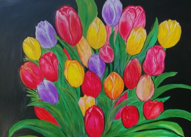 Painting titled "Tulips" by Nadezhda Kabak, Original Artwork, Acrylic Mounted on Wood Stretcher frame