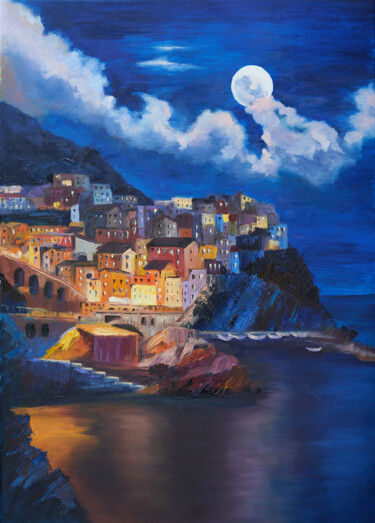 Painting titled "Positano" by Nadezhda Kirievich, Original Artwork, Oil Mounted on Wood Stretcher frame
