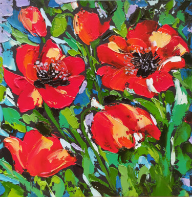 Painting titled ""Poppies flowers" O…" by Nadezhda Kokorina, Original Artwork, Oil