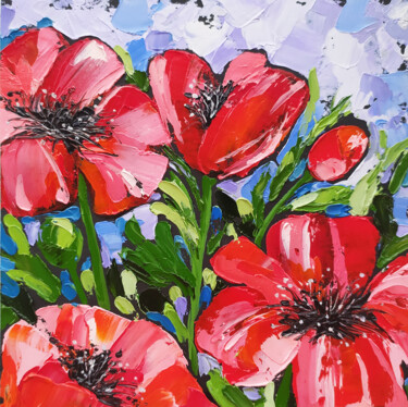 Peinture intitulée ""Bright red poppies…" par Nadezhda Kokorina, Œuvre d'art originale, Huile