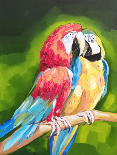 Painting titled "Parrots macaw oil p…" by Nadezhda Kokorina, Original Artwork, Oil