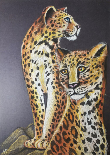 Dessin intitulée "Leopards Oil Pastel…" par Nadezhda Kokorina, Œuvre d'art originale, Pastel