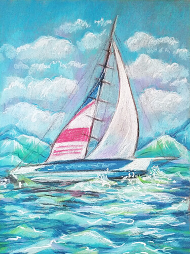 Painting titled ""White sailboat at…" by Nadezhda Kokorina, Original Artwork, Pastel