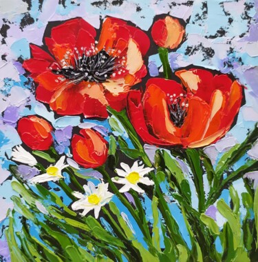 Peinture intitulée ""Poppy and chamomil…" par Nadezhda Kokorina, Œuvre d'art originale, Huile