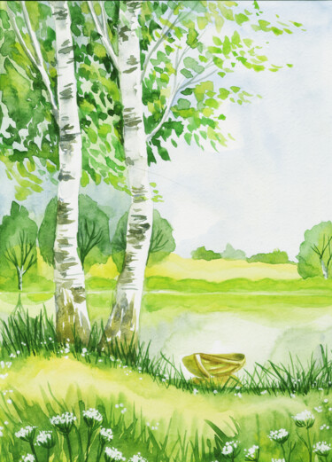 Painting titled "Forest landscape wi…" by Nadezhda Kokorina, Original Artwork, Watercolor