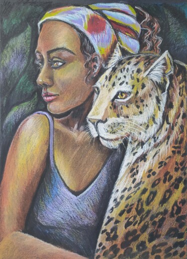 Dessin intitulée ""African woman and…" par Nadezhda Kokorina, Œuvre d'art originale, Pastel