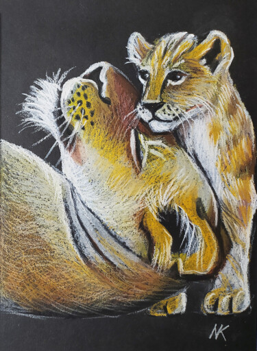 Drawing titled "Lioness and Cub Oil…" by Nadezhda Kokorina, Original Artwork, Pastel
