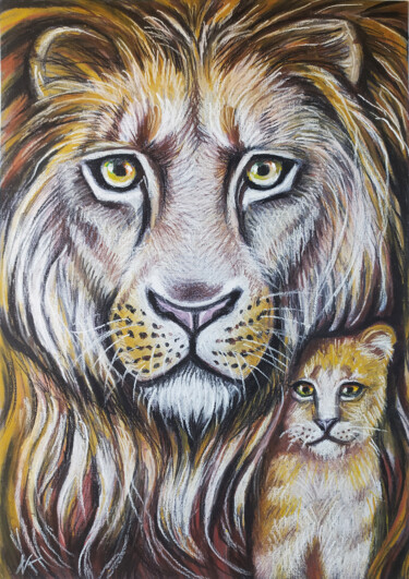 Drawing titled ""Lion portrait and…" by Nadezhda Kokorina, Original Artwork, Pastel