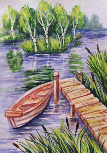 Картина под названием ""Landscape with bir…" - Nadezhda Kokorina, Подлинное произведение искусства, Акварель