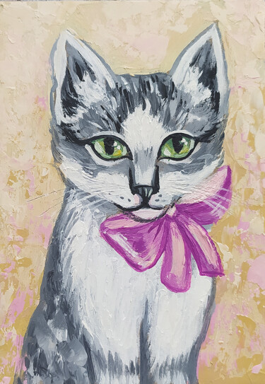 Painting titled ""Kitten with a bow"…" by Nadezhda Kokorina, Original Artwork, Oil