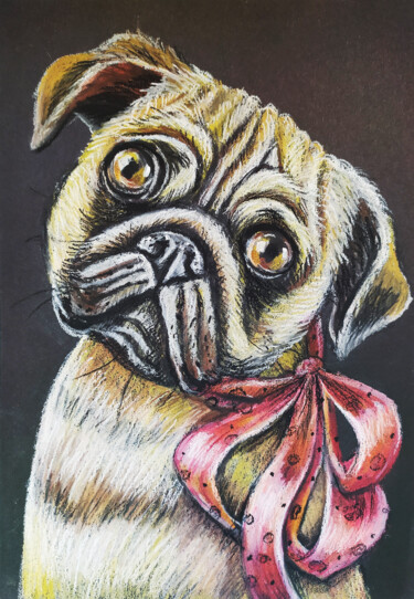 Dessin intitulée ""Portrait of a pug…" par Nadezhda Kokorina, Œuvre d'art originale, Pastel