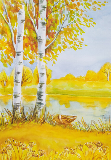 Painting titled "Birch Tree Autumn P…" by Nadezhda Kokorina, Original Artwork, Watercolor