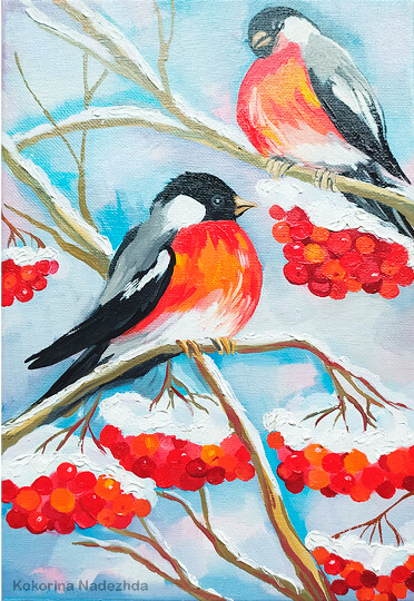 Painting titled ""Bullfinches have a…" by Nadezhda Kokorina, Original Artwork, Oil