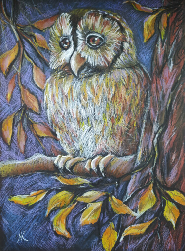 Рисунок под названием "Owl in the autumn f…" - Nadezhda Kokorina, Подлинное произведение искусства, Пастель