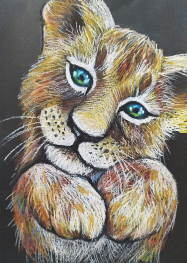 Drawing titled "Cute lion cub paint…" by Nadezhda Kokorina, Original Artwork, Pastel