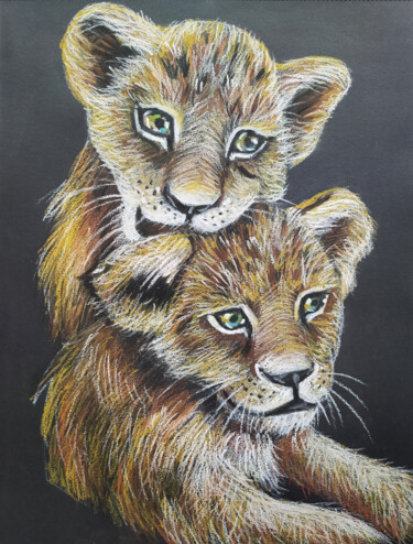 Drawing titled "Playing Lion Cubs O…" by Nadezhda Kokorina, Original Artwork, Pastel