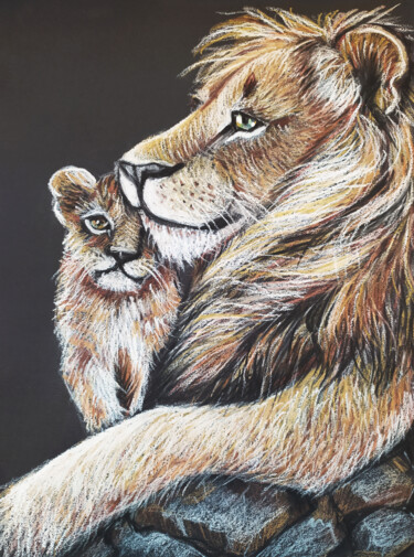 Drawing titled "Portrait of lion an…" by Nadezhda Kokorina, Original Artwork, Pastel