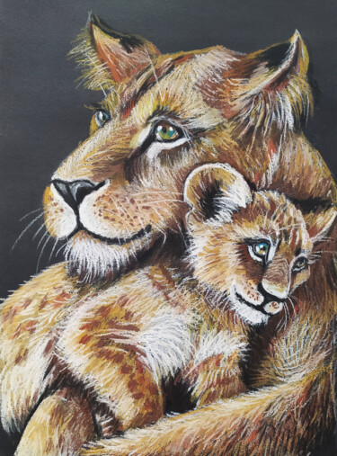 Dessin intitulée "Portrait of lioness…" par Nadezhda Kokorina, Œuvre d'art originale, Pastel