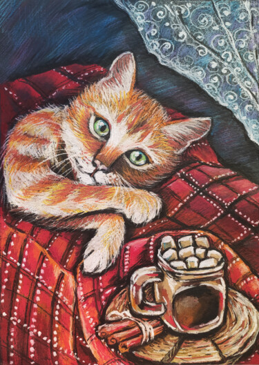 Tekening getiteld "Portrait of a cat p…" door Nadezhda Kokorina, Origineel Kunstwerk, Pastel