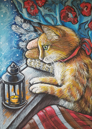Tekening getiteld "Portrait of a cat p…" door Nadezhda Kokorina, Origineel Kunstwerk, Pastel