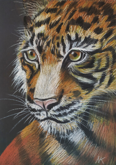 Dessin intitulée "The Tiger's Gaze Or…" par Nadezhda Kokorina, Œuvre d'art originale, Pastel